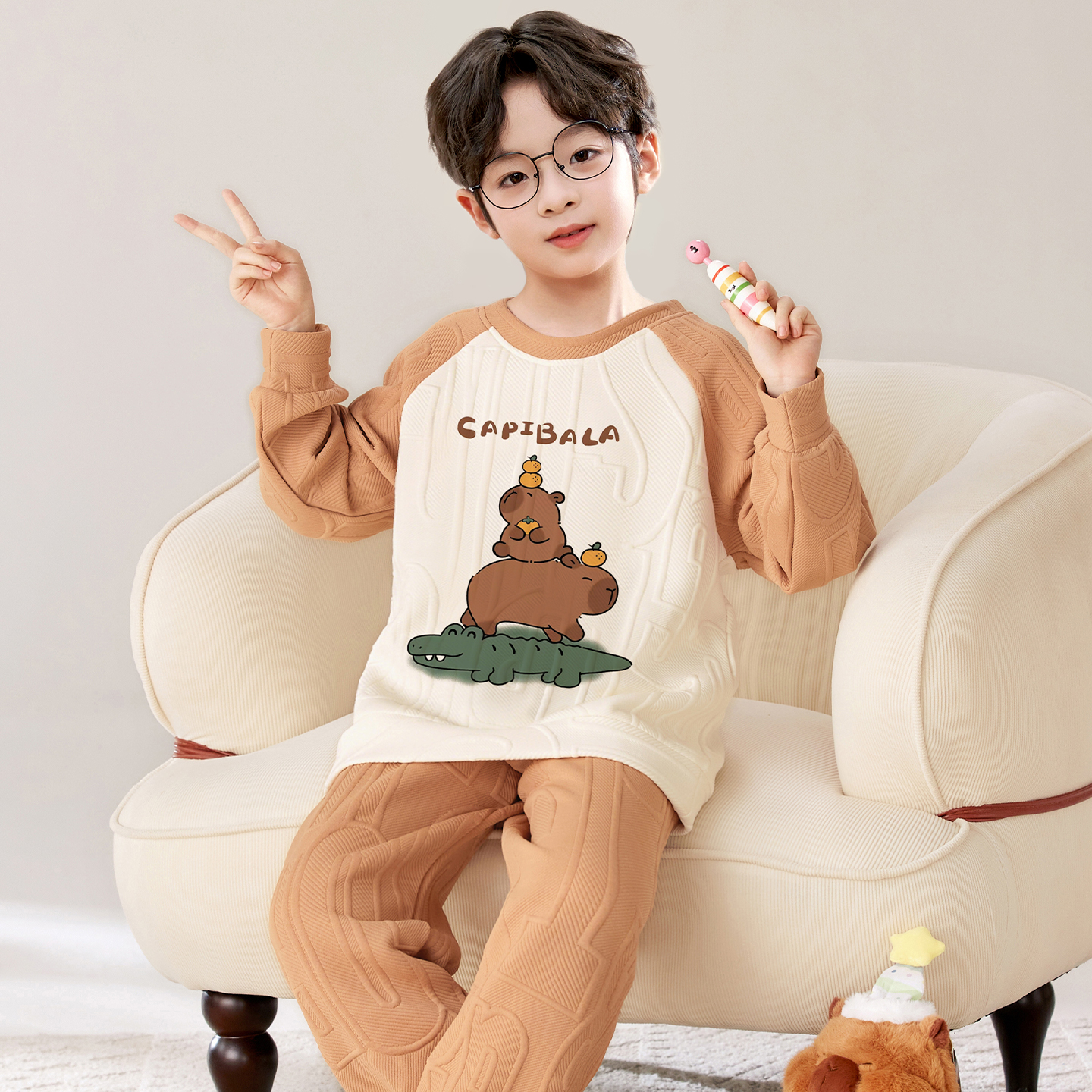 秋冬季男童睡衣纯棉空气夹棉长袖加厚中大童男孩家居服套装2025新
