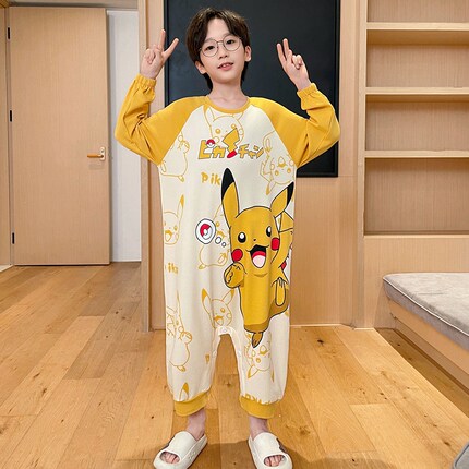 男童长袖睡衣连体服纯棉薄款防踢被儿童家居服套装爬爬服皮卡丘秋