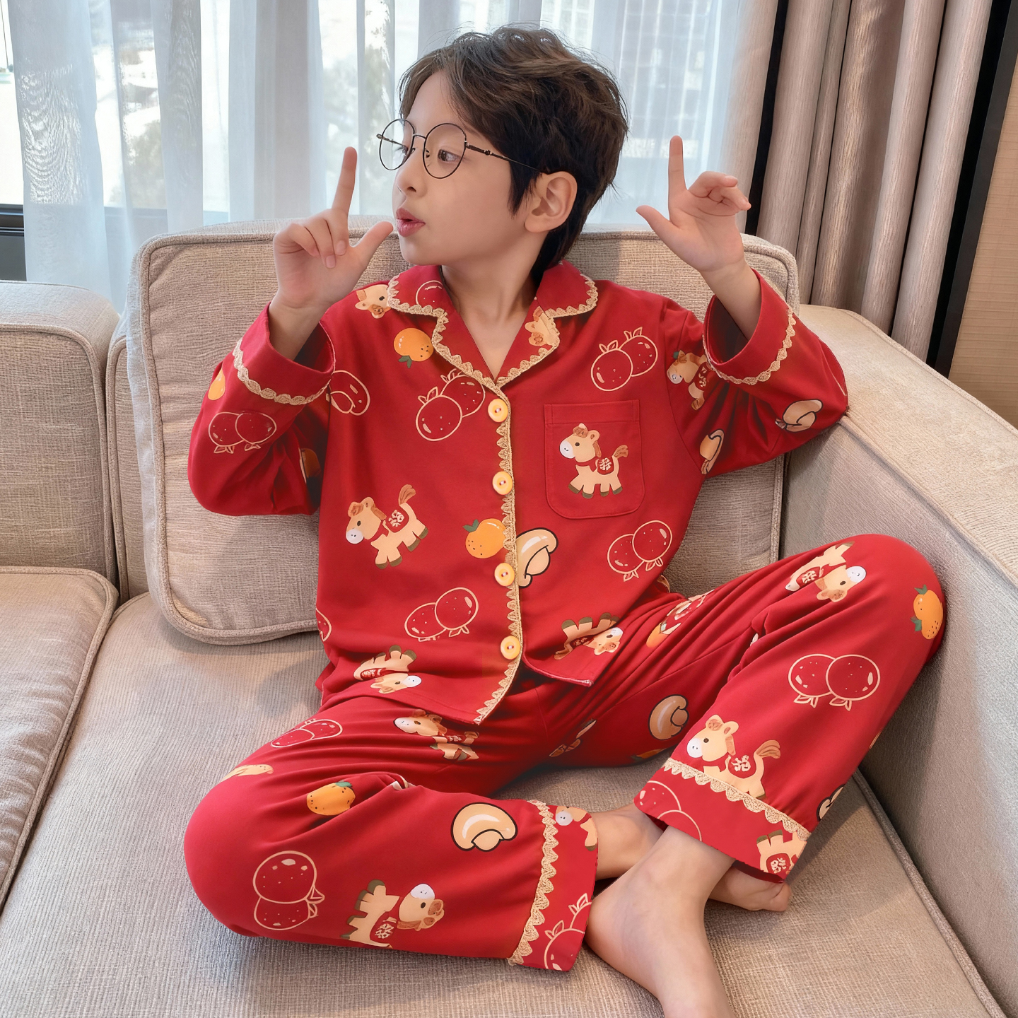 男童红色卡通纯棉睡衣开衫套装