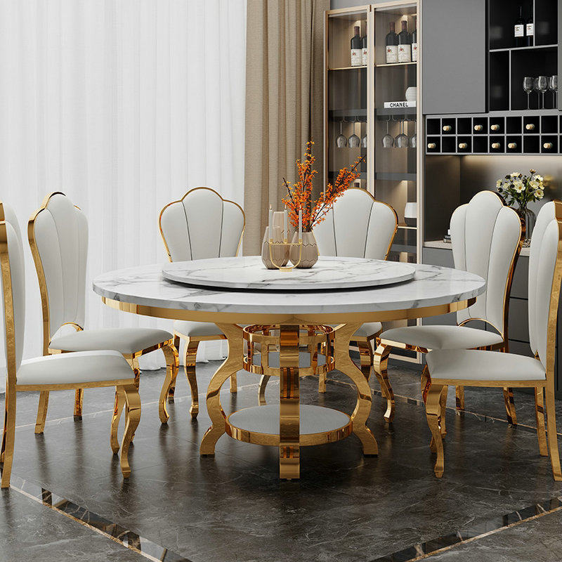 轻奢家用酒店套装餐桌后现代大理石餐桌椅简约带转盘不锈钢大圆桌