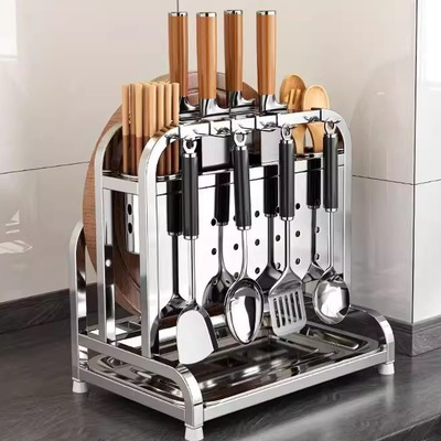 厨房不锈钢刀架筷子筒笼盒一体置物架勺子筷笼刀具收纳免打孔台面