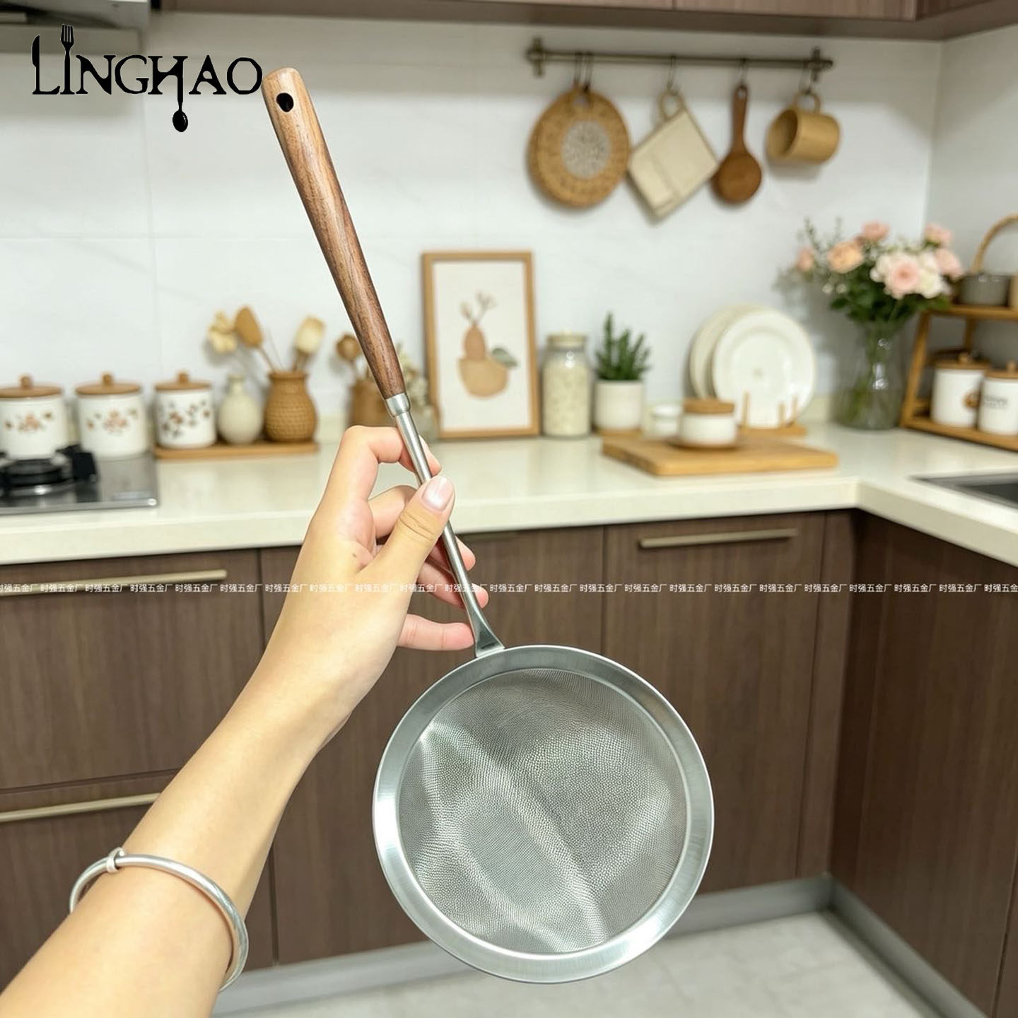 食品级不锈钢木柄蜜漏勺
