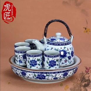 家用客厅整套中式 虎匠景德镇陶瓷茶具套装 青花瓷大号复古茶壶茶杯