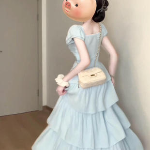 甜美温柔蓝色连衣裙女夏日绝美公主裙收腰仙女蛋糕连衣长裙子 法式
