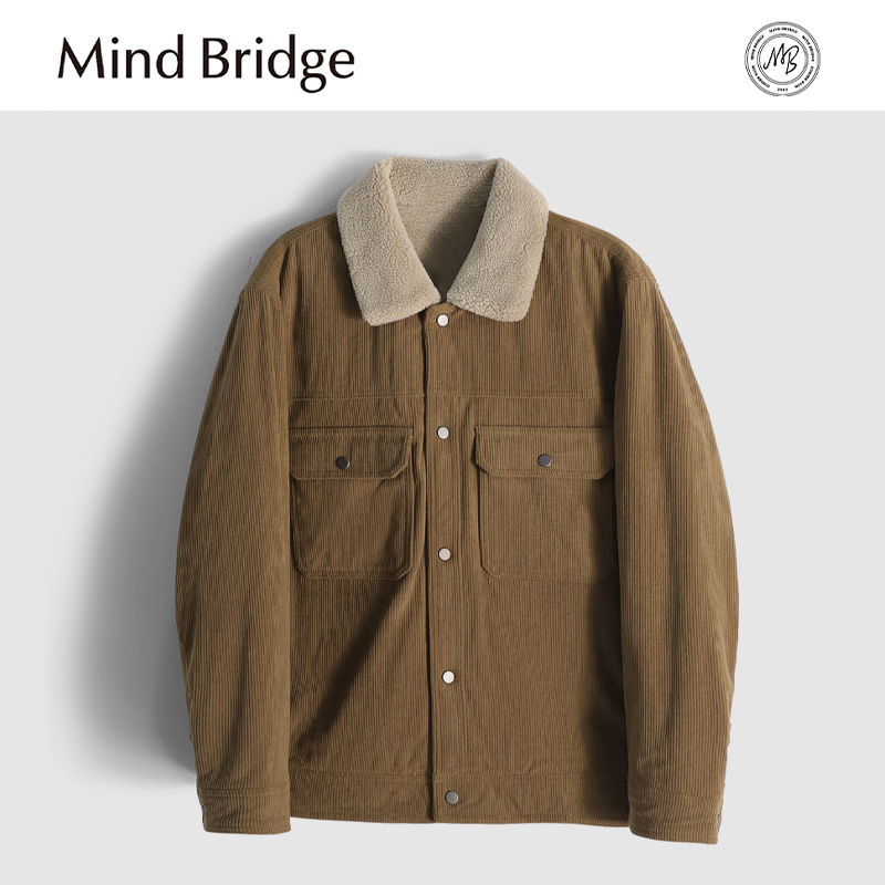 Mind Bridge2025秋冬季新款男士复古灯芯绒拼接仿羊羔绒翻领棉服