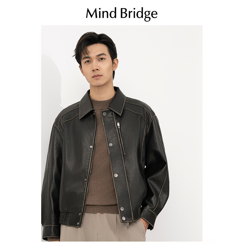Mind Bridge春秋复古做旧皮衣外套男美拉德美式街头休闲飞行夹克