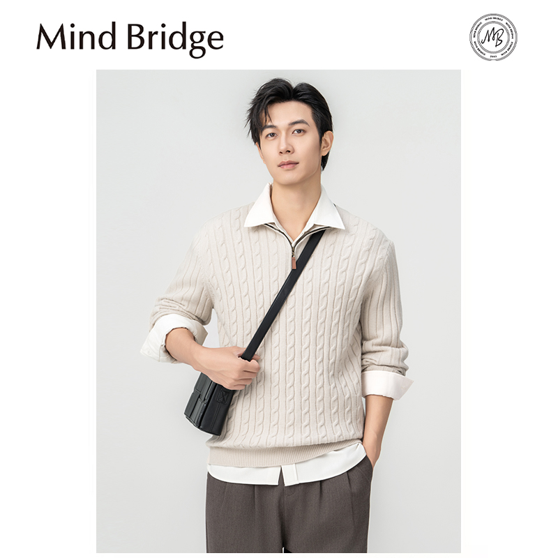 Mind Bridge美式半拉链亨利领麻花针织长袖毛衣休闲男士2025春秋