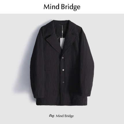 Mind Bridge轻薄羽绒服男肌理褶皱翻领2024冬新款中长款夹克外套