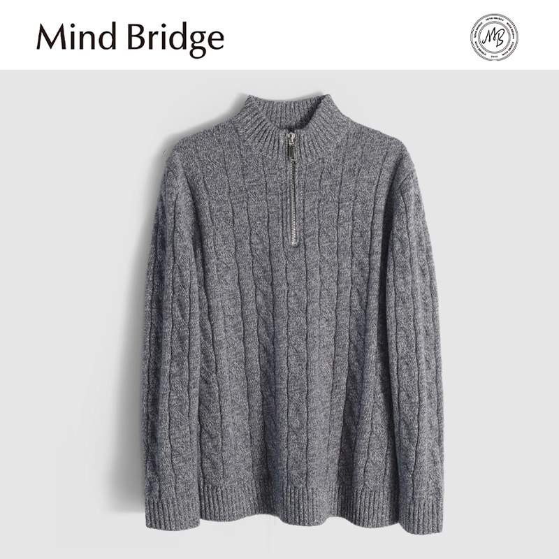 Mind Bridge2025秋季新款男士复古高端100%绵羊毛半拉练立领毛衣