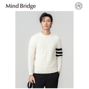 条纹针织打底衫 Mind Bridge100%绵羊毛休闲圆领套头毛衣男冬新款