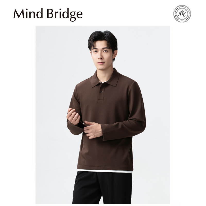 Mind Bridge2025秋冬季商务翻领假两件POLO衫宽松休闲长袖T恤上衣