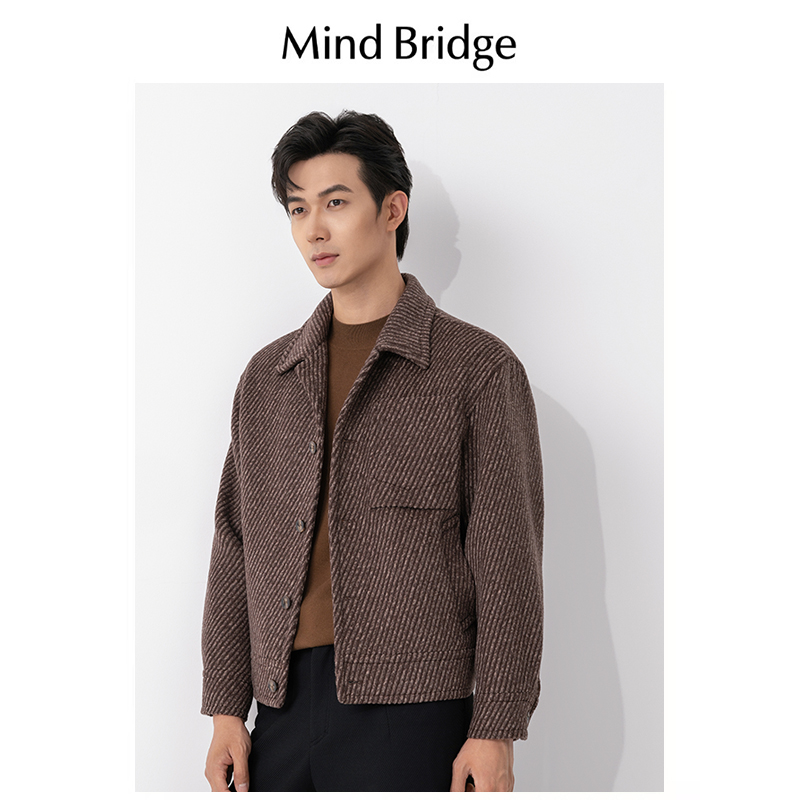Mind Bridge2024秋冬短款毛呢大衣男士绵羊毛斜纹单面呢宽松外套