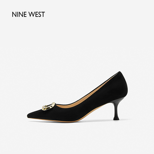 West 玖熙2024年春季 新款 女 Nine 高跟鞋 女尖头水钻绒面一脚蹬单鞋
