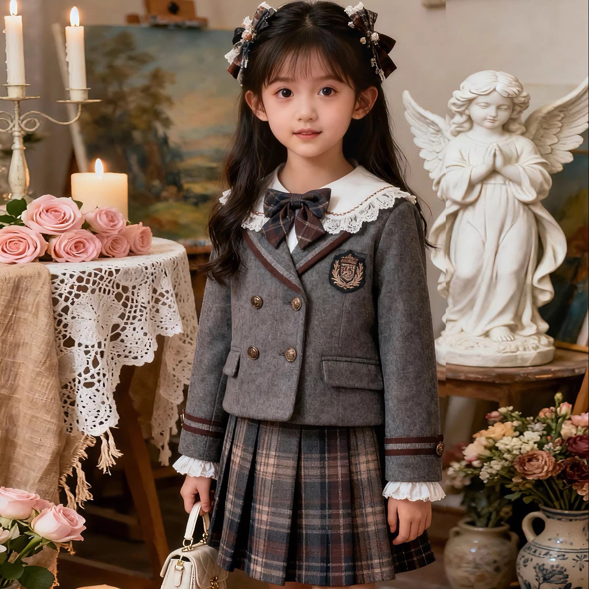 法国女童秋冬套装新款外套儿童西装学院百褶裙jk制服三件套公主风图片