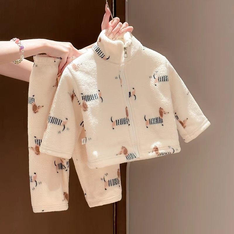 法国儿童衣服冬季儿童加绒加厚保暖外套家居服睡衣套装男女宝宝秋