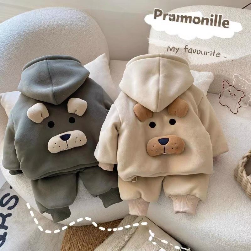 法国宝宝睡衣加绒加厚男童冬款三层保暖家居服套装儿童卡通两件套