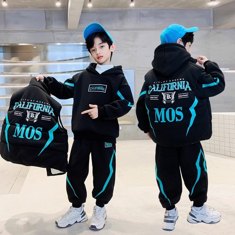 法国儿童冬装三件套男童秋冬加绒套装2025新款中大童男孩衣服休闲