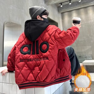 法国男童秋冬款外套夹棉加厚新款大童冬装儿童连帽棒球服冬季棉服