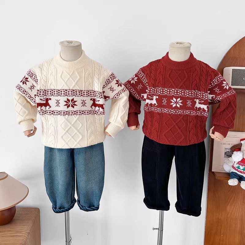 法国儿童圣诞毛衣冬季新款中小童麋鹿男女童新年洋气加厚针织衫潮