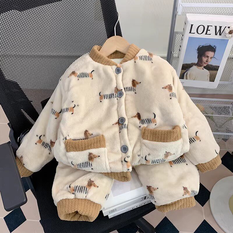 法国儿童睡衣冬季珊瑚绒三层夹棉加厚款加绒法兰绒宝宝保暖家居服