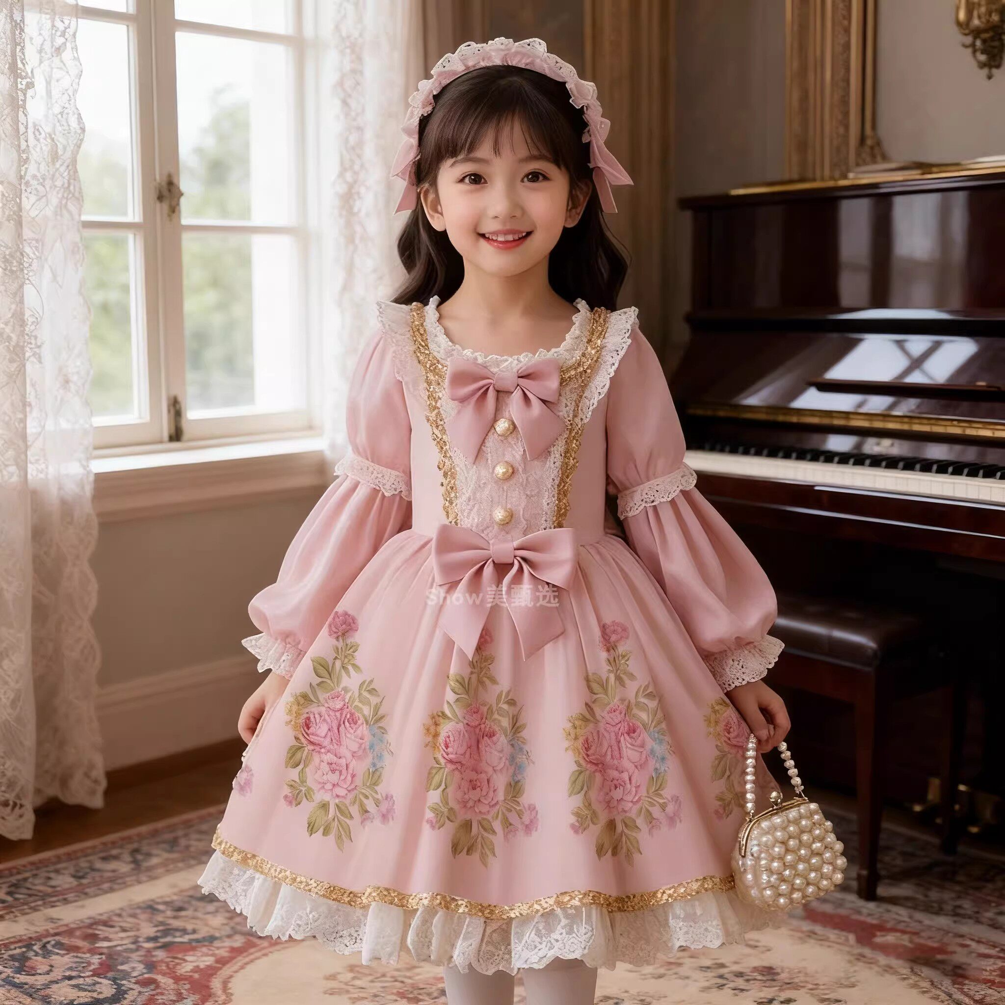 法国洛丽塔风秋季女童连衣裙秋冬长袖公主裙粉色花朵蝴蝶结蕾丝裙