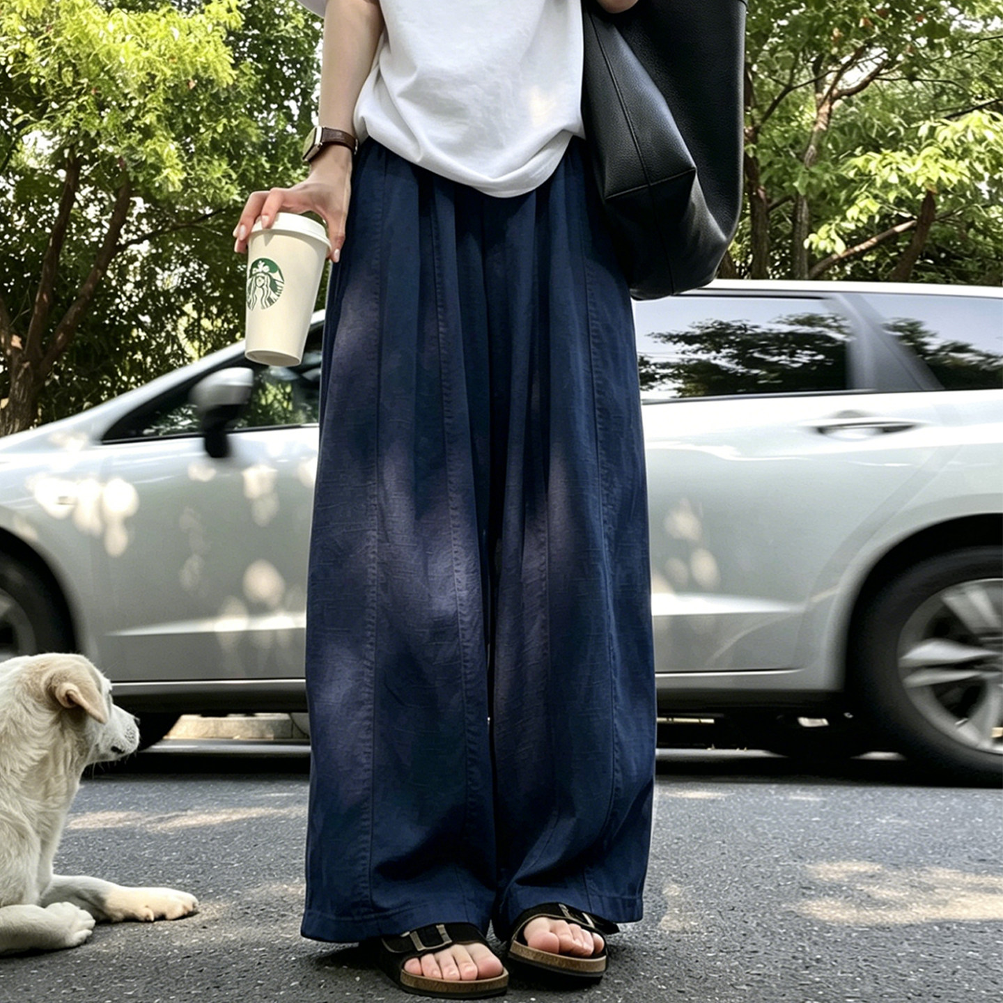 藏青色气球亚麻阔腿裤女夏薄款高腰宽松慵懒休闲小个子棉麻弯刀裤