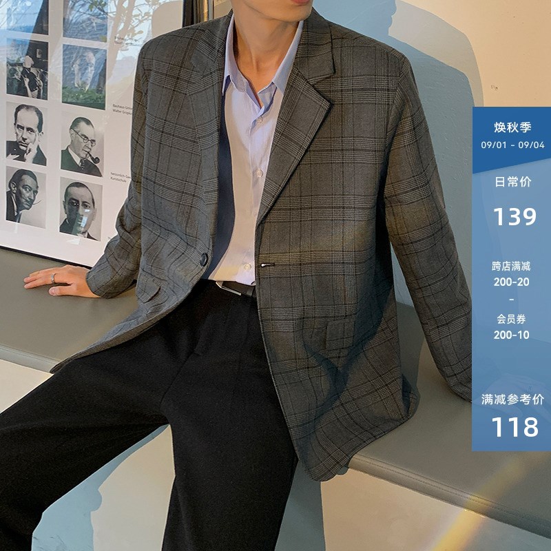 西装外套男休闲ins潮牌宽松格子西服I秋季青少年韩版痞帅潮流上衣