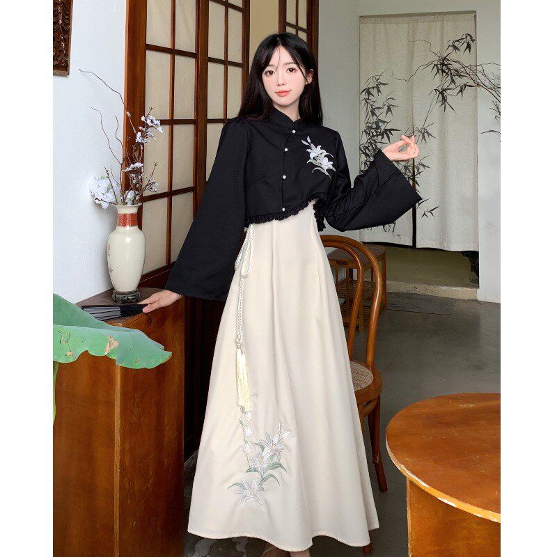 速发大码件中式套装风铃2合连衣裙百024春款汉元素外套吊带裙两新