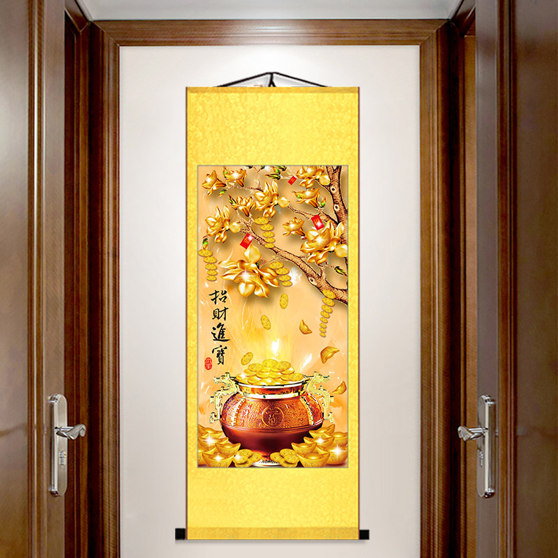 速发挂画聚宝盆画山水画发财树客厅玄关装饰画摇钱树竖版卷轴