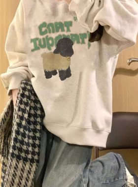 速发圆领灰色卫衣男宽025新款大码2松设计感小众慵懒风情侣上衣