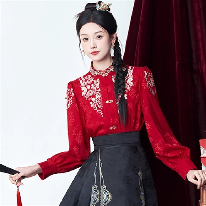 速发马面裙上衣搭配新中式刺绣红色汉服春季新娘敬酒服国风小衫