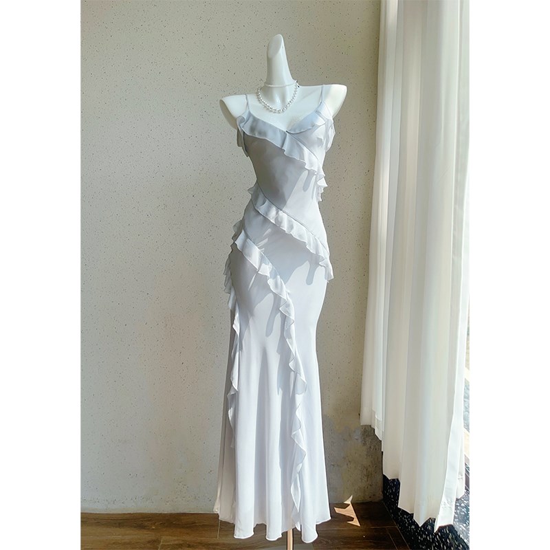 速发Good Job【碧带】法叶清蓝荷式边吊波连衣裙长款度假气质鱼尾