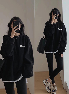 速发黑色落肩宽衣春秋设计感小众中长款遮屁s卫松over股ize上衣外