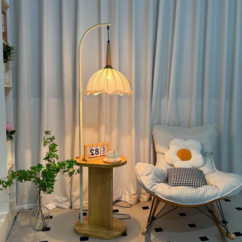 奶油风边几落地灯实木茶几客厅置物架一体台灯氛围装饰卧室立式灯