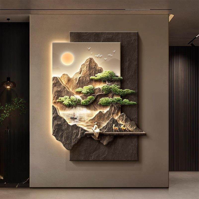 轻奢玄关装饰画2025新款立体客厅走廊过道挂画高级感山水画壁灯画