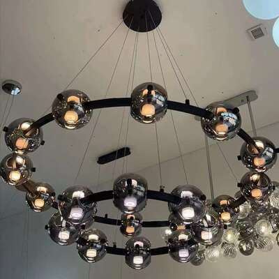 意式圆环玻璃客厅吊灯后现代极简设计感黑色餐厅烟灰氛围灯具