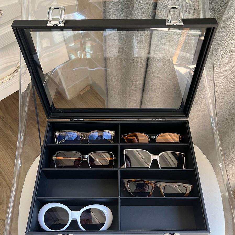 透明玻璃盖眼镜收纳盒黑色皮质绒布多格大容量太阳墨镜展示架