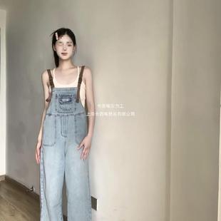 复古水洗百搭牛仔背带裤女夏季新款小个子可爱宽松显瘦阔腿直筒裤