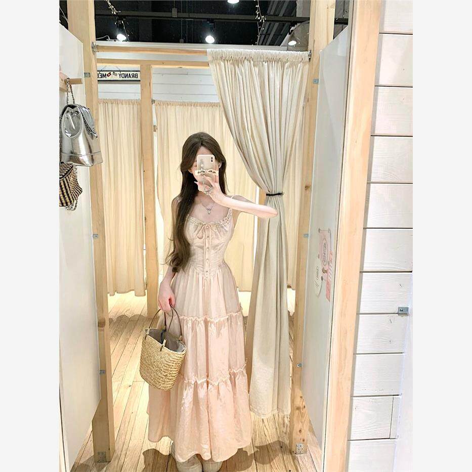 法式性感粉色蕾丝吊带连衣裙女夏季收腰蛋糕裙a字裙子度假风长裙