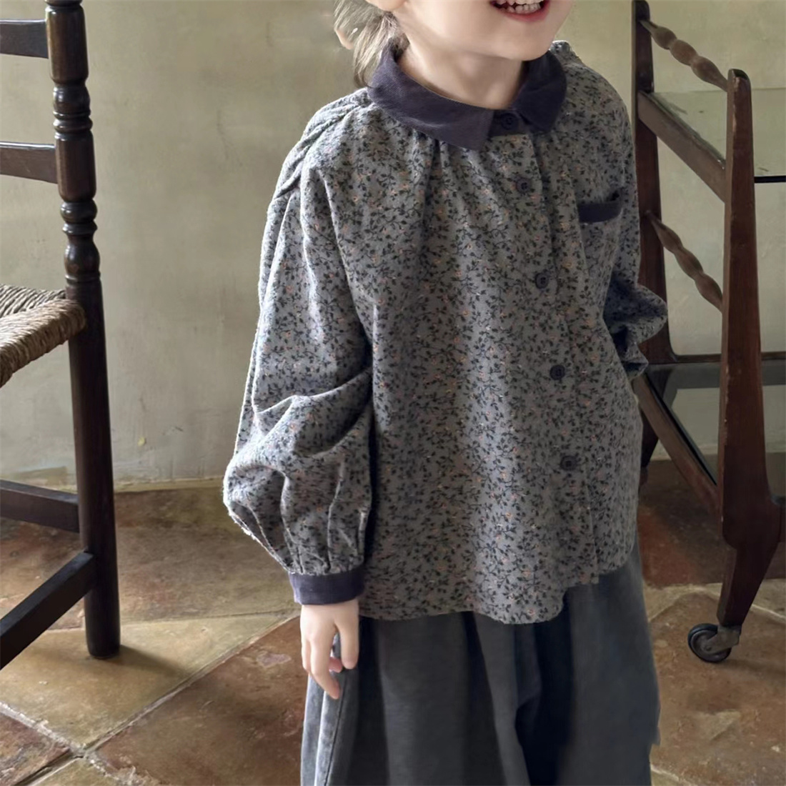 韩国童装女童衬衫春秋2025新款洋气女孩韩版碎花衬衣儿童长袖上衣