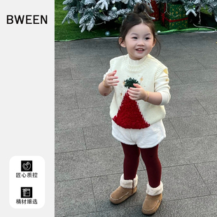 女童套装冬季2025新款女宝宝圆领套头圣诞马甲打底衫儿童毛绒短裤