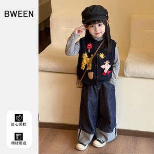 女童套装春款2026新款洋气儿童春装女宝宝童装卡通针织马甲牛仔裤