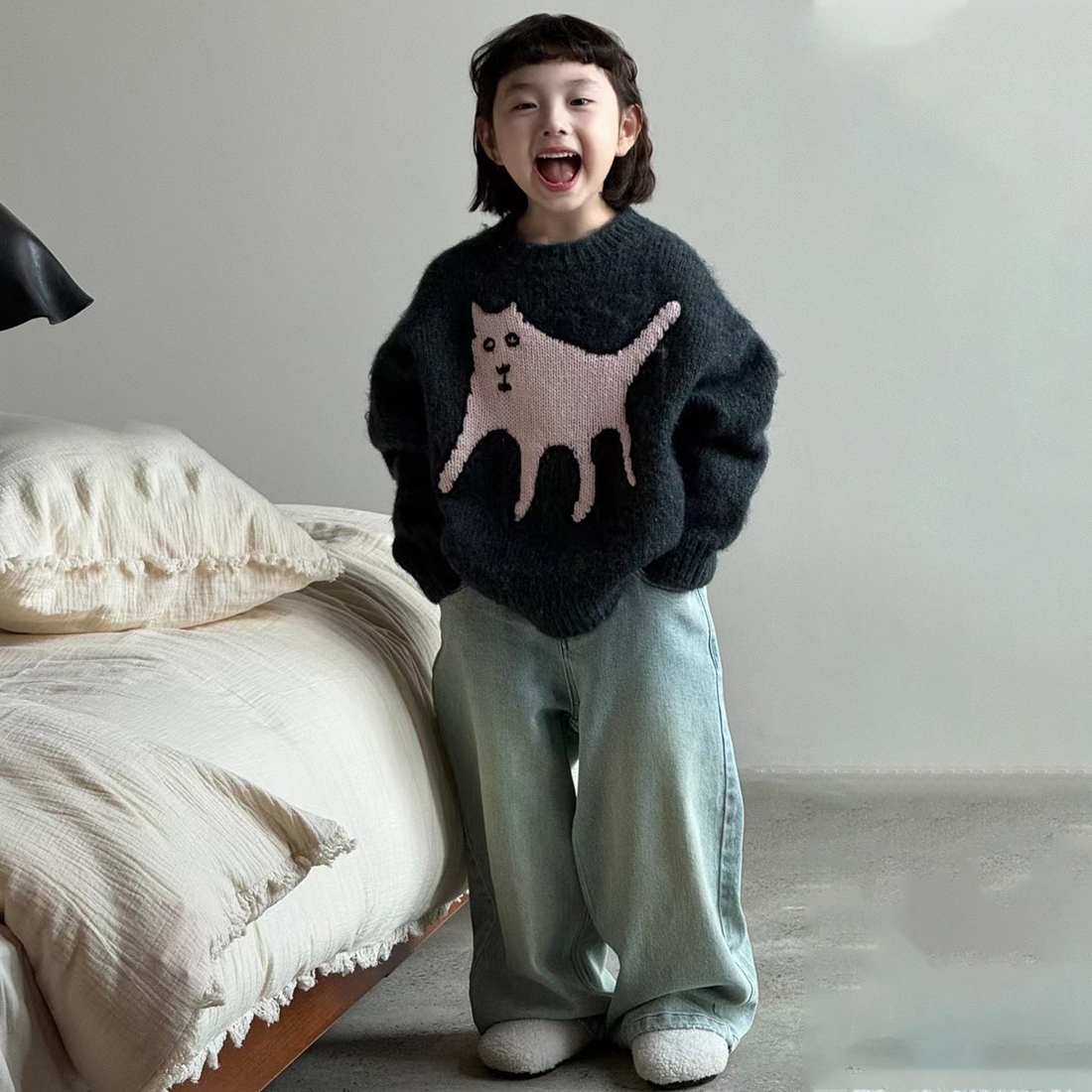 闭眼入~儿童慵懒风猫咪提花毛衣