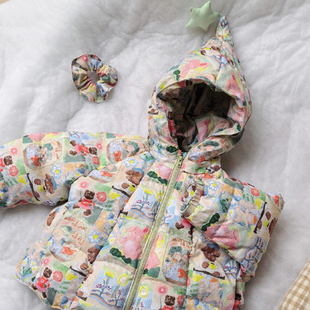 女童冬款羽绒服25新款洋气儿童韩版宝宝时髦加厚保暖印花连帽外套