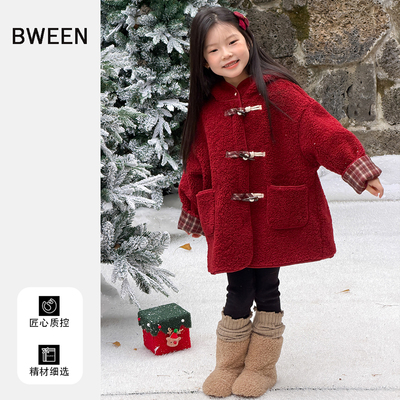 红色毛绒连帽保暖女童外套冬季
