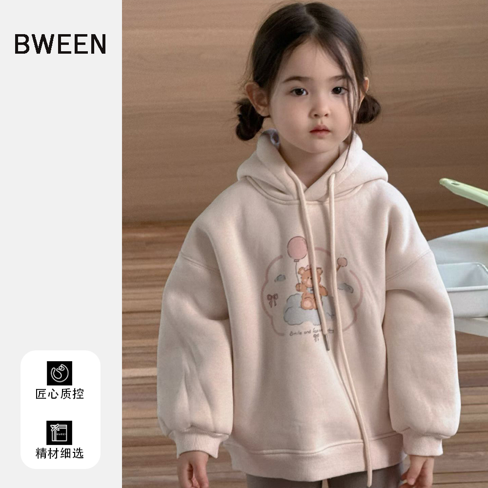 女童冬款卫衣2025新款洋气儿童韩版宝宝时尚加绒卡通小熊连帽上衣