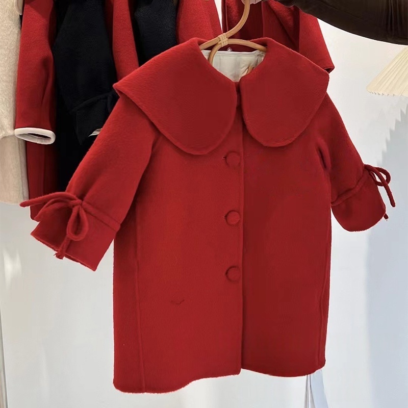 女童毛呢大衣冬季洋气新年衣服红色过年服加厚中长款儿童呢子外套