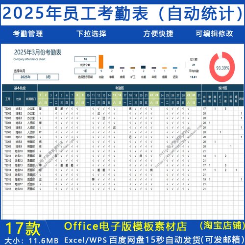 2025考勤表电子版excel模板 公司员工工作出勤考勤自动统计登记表