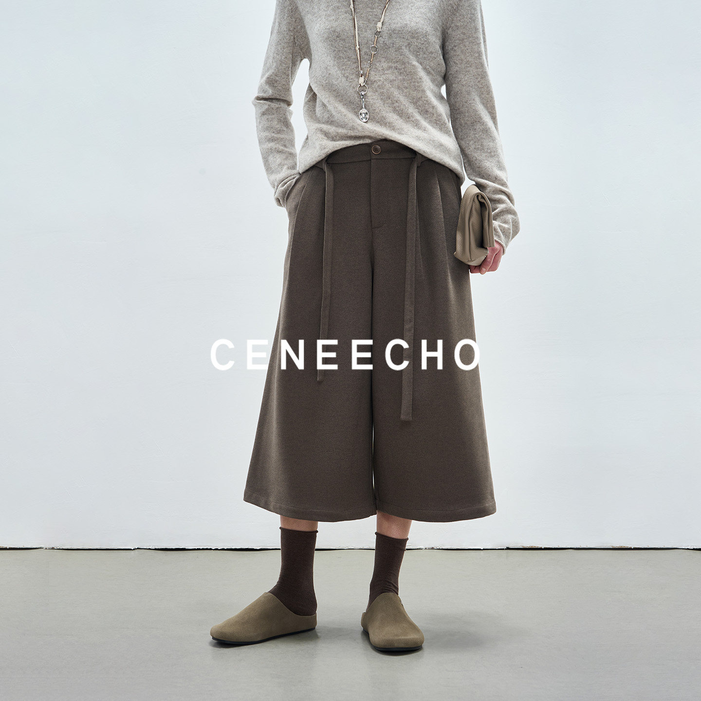 CENEECHO高腰休闲简约阔腿裤女秋冬新款垂感直筒毛呢七分裤子