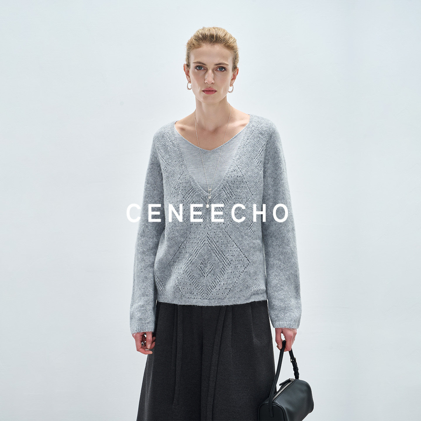 CENEECHO 羊毛镂空V领毛织毛衣女假两件宽松慵懒风套头长袖上衣